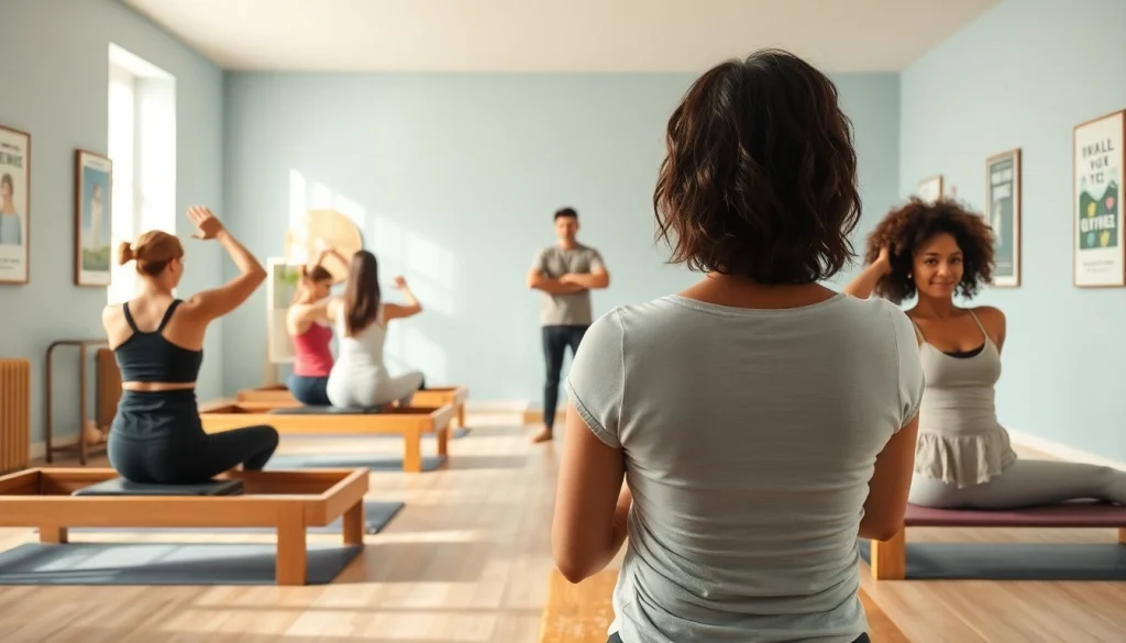 静かなピラティススタジオで、専門家の指導を受ける参加者たちがピラティス おすすめを体現している。