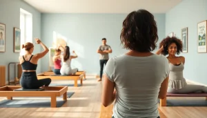 静かなピラティススタジオで、専門家の指導を受ける参加者たちがピラティス おすすめを体現している。