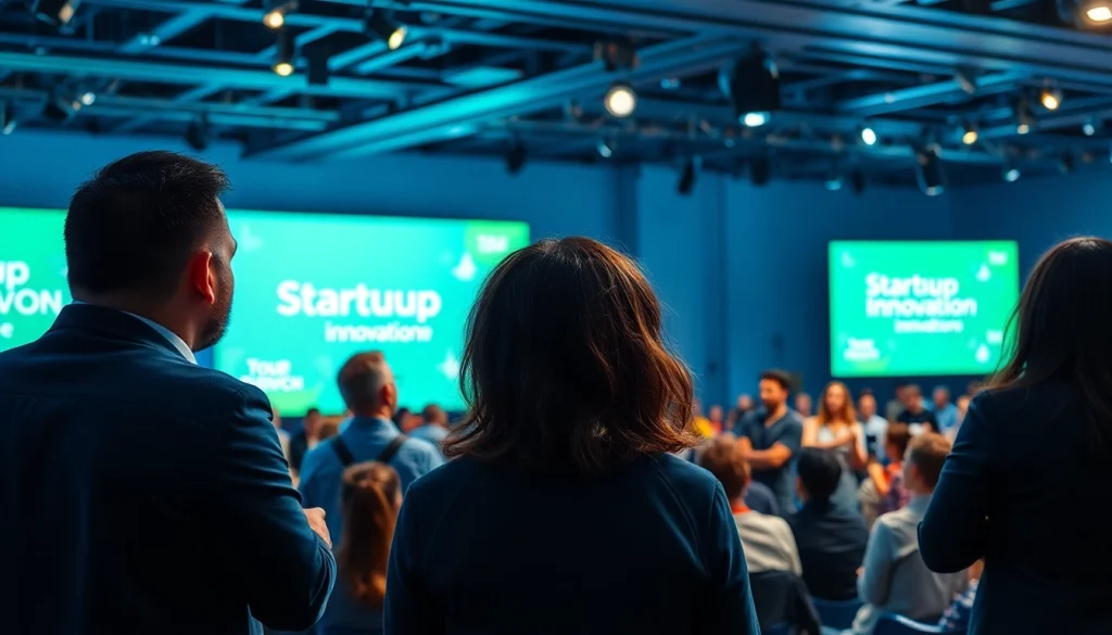 Entrepreneurs engaging at a startup innovation conference showcasing ideas and collaboration.